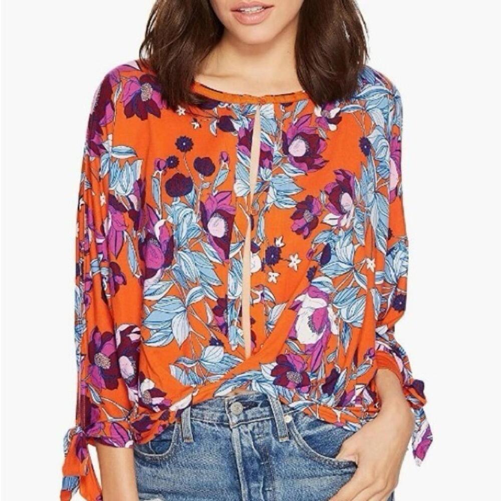 Anthropologie Orange Floral Tie-Sleeve Blouse XS